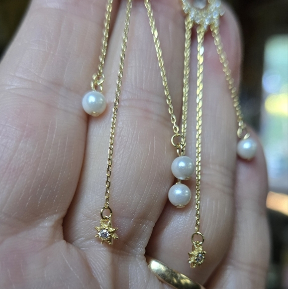 White topaz & pearl Crescent Moon falling star sterling & gold Earrings - Picture 6 of 8